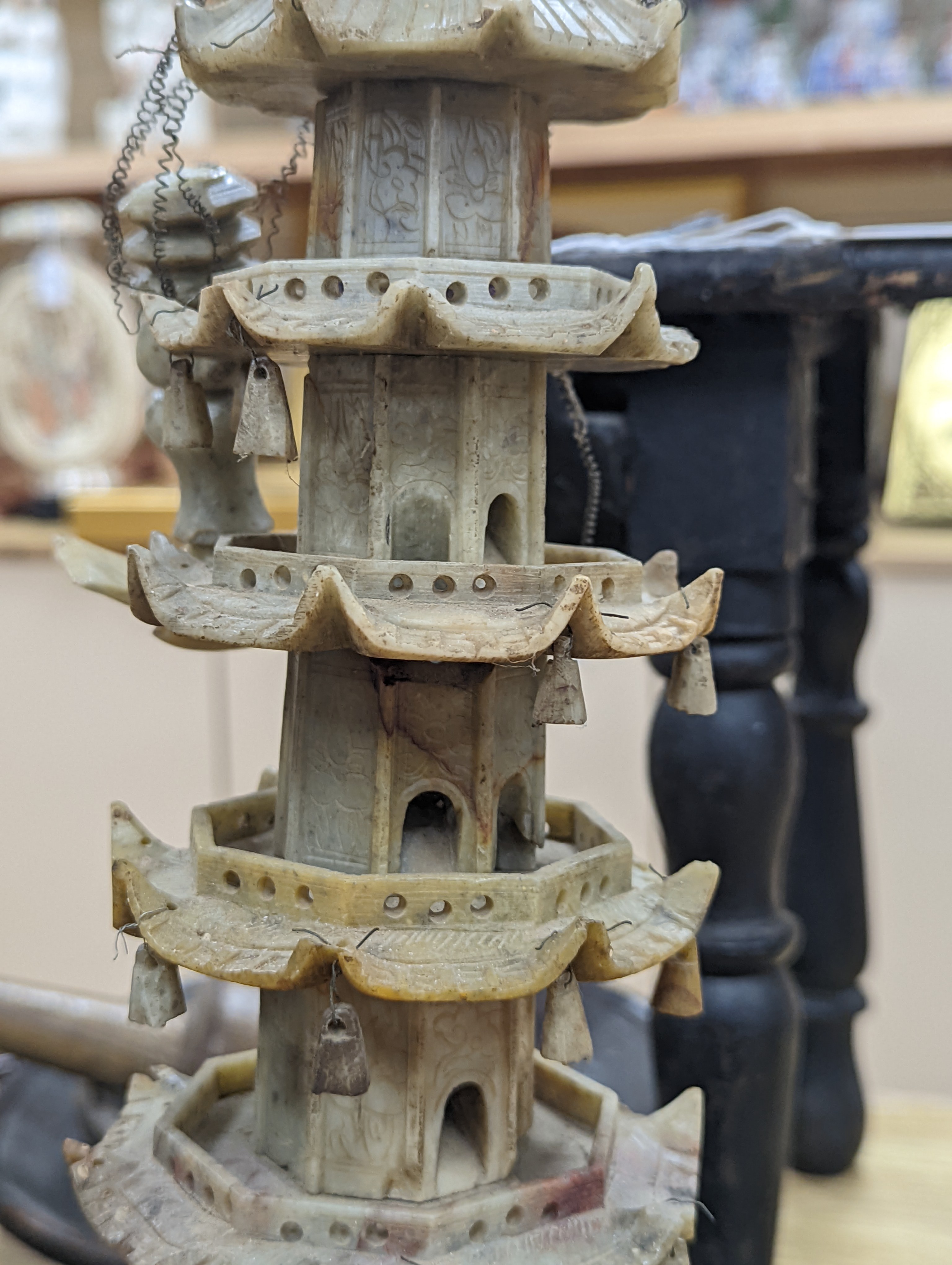 A Chinese soapstone model of a pagoda, early 20th century, 42cm